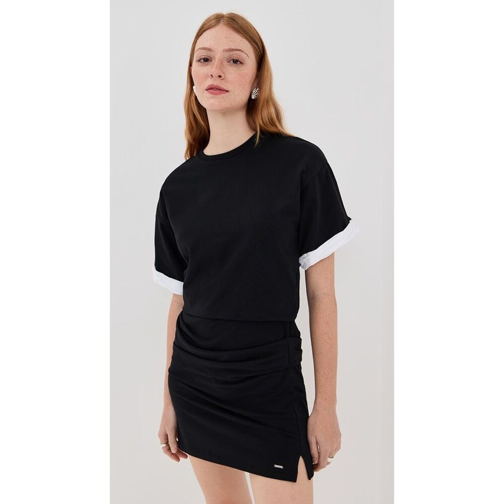 Simkhai Cody Cotton Jersey Ruched Mini Dress in Black & White size XL NWOT